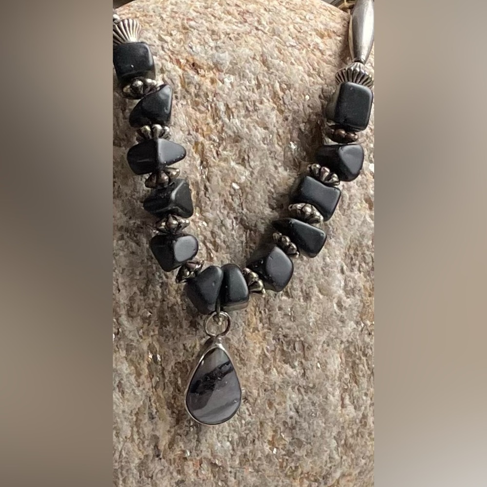VTG Navajo Signed Onyx, Jasper & Sterling necklace